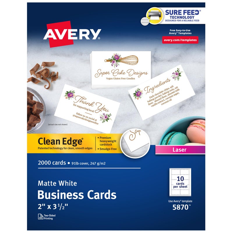 AVERY بطاقات عمل قابلة للطباعة من أفيري بحواف نظيفة مع تقنية Sure Feed، 2" × 3.5"، بيضاء، 2,000 بطاقة فارغة لطابعات الليزر (5870) - Image 1
